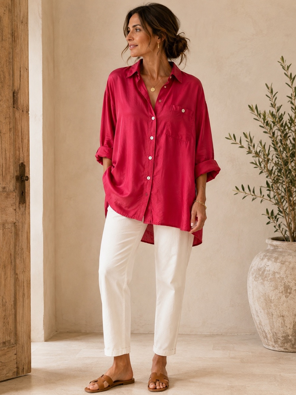 Vintage Prizzi Italy 100% Silk Raspberry Pink Oversized Shirt L